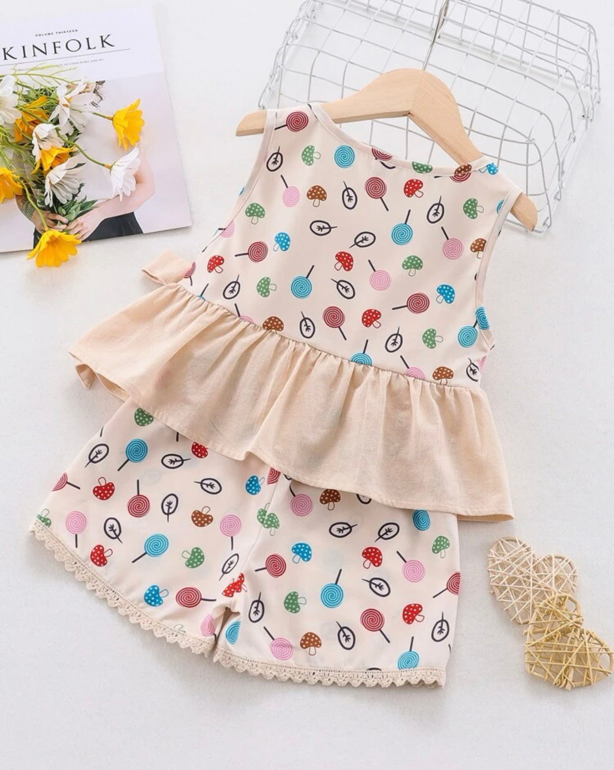 Toddler girls mushroom print bow front peplum tank top & shorts set