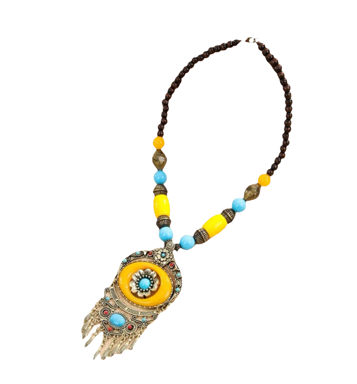 Flower decor metal tassel charm beaded necklace