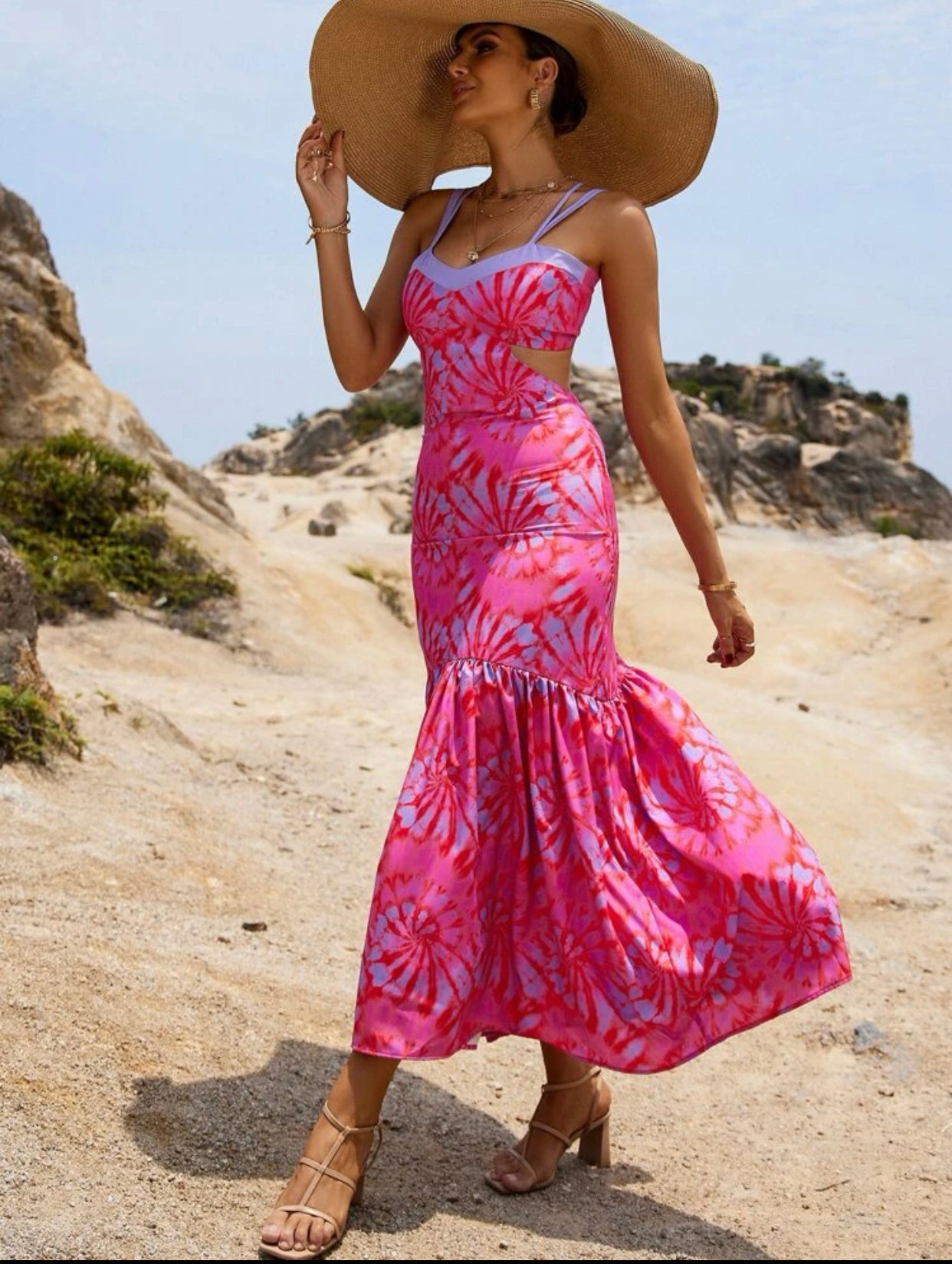 Random spiral tie dye crisscross knot back ruffle hem cami dress