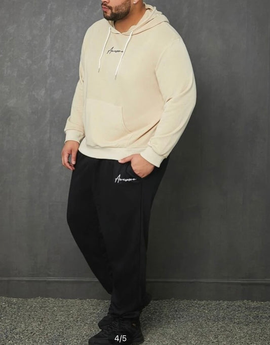 Extended sizes Men Letter Graphic kangaroo pocket drawstring hoodie and sweatpants