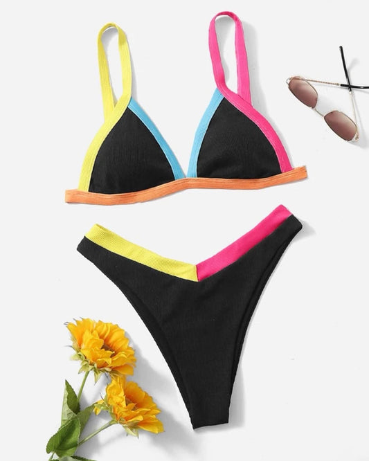 Contrast binding triangle high cut bikini swimsuit