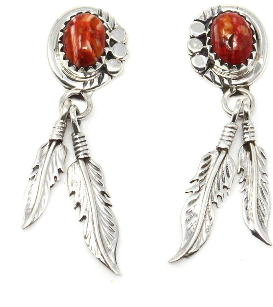 Navajo 925 sterling silver red spiny oyster feather drop earrings