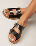 Black vegan leather dual buckle wide fit slide sandals