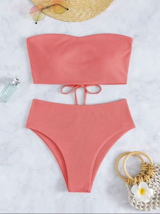 Watermelon pink solid bandeau high waisted bikini swimsuit