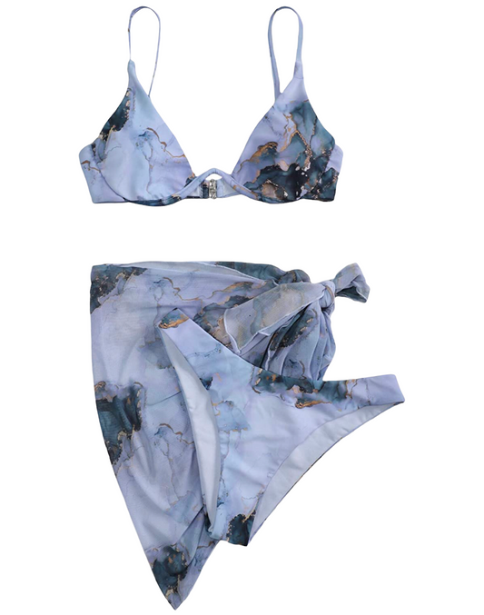 Women's 3 Piece Tie Dye Underwire Bikini Set Swimsuit and Cover Up Beach Skirt