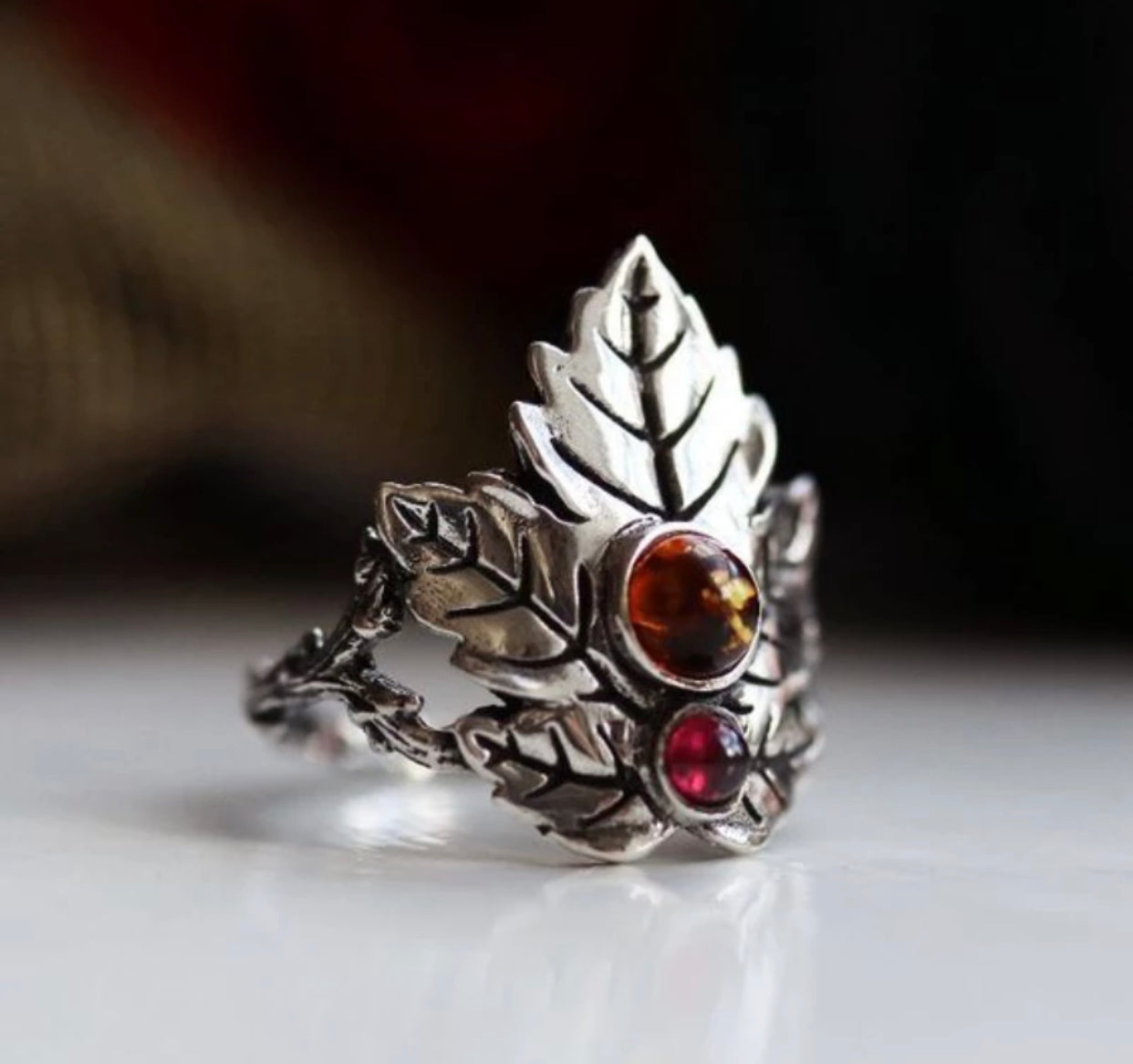 Maple Leaf Garnet Zircon Simple Design Noble and Glamorous Forest Ring. Size 8.