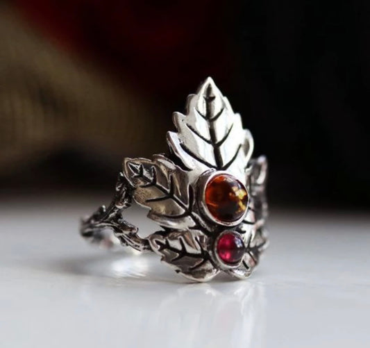Maple Leaf Garnet Zircon Simple Design Noble and Glamorous Forest Ring. Size 8.