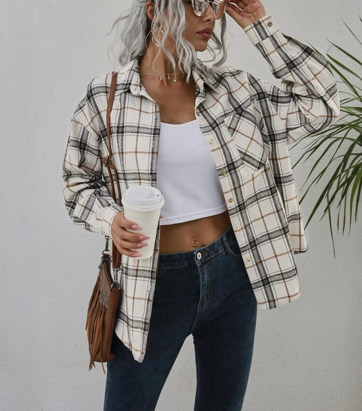 Plaid patched pocket drop shoulder coat