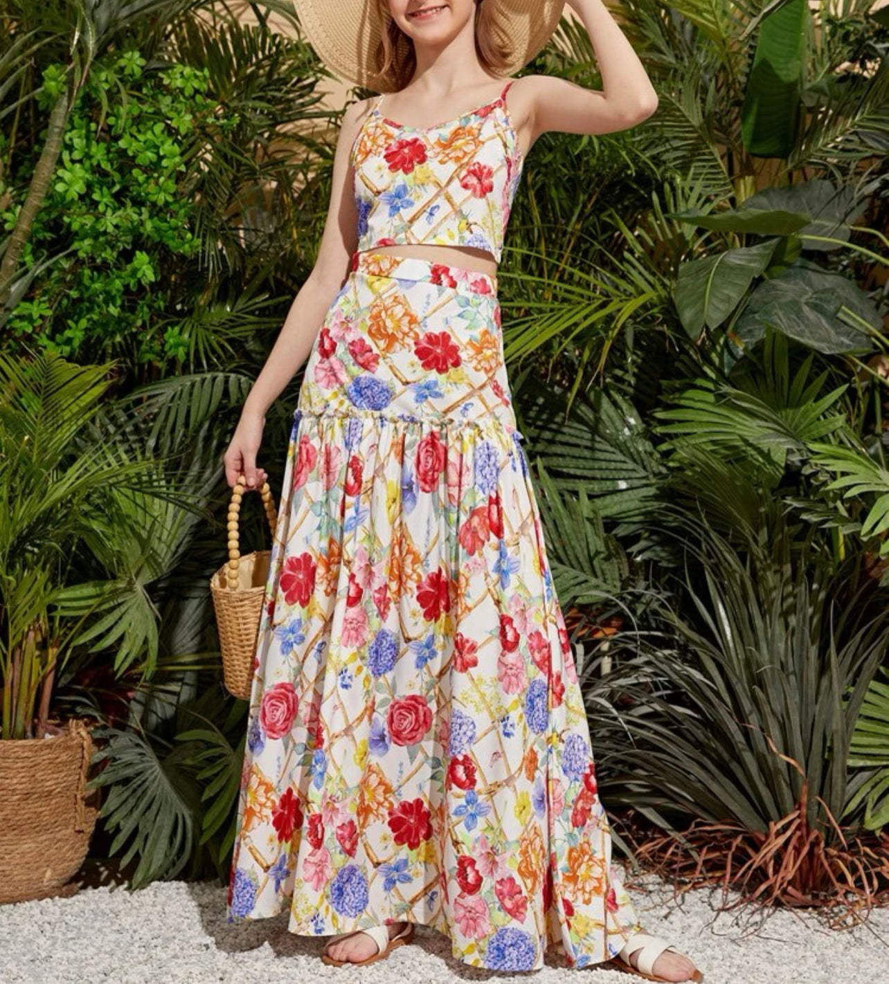 Teen Girls Floral Print Cami Top & Frill Trim Pleated Skirt