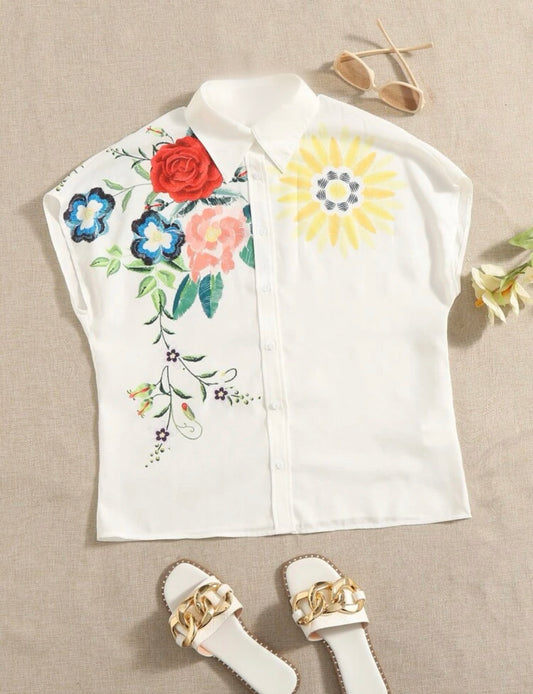 Floral print batwing sleeve blouse