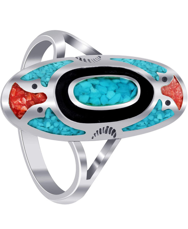 Southwestern Style Oblong Shape Turquoise and Coral Gemstone Sterling Silver Ring