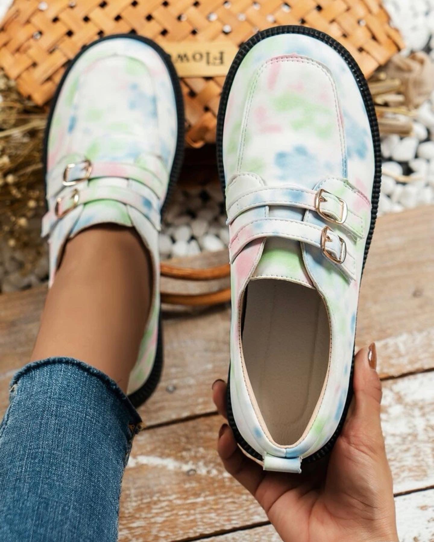 Tie dye buckle decor flat loafers
