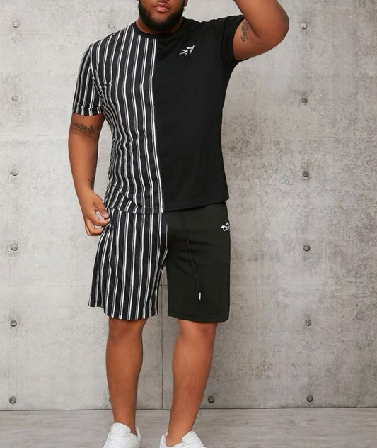 Extended sizes men striped baseball collar button through shirt & drawstring Shorts