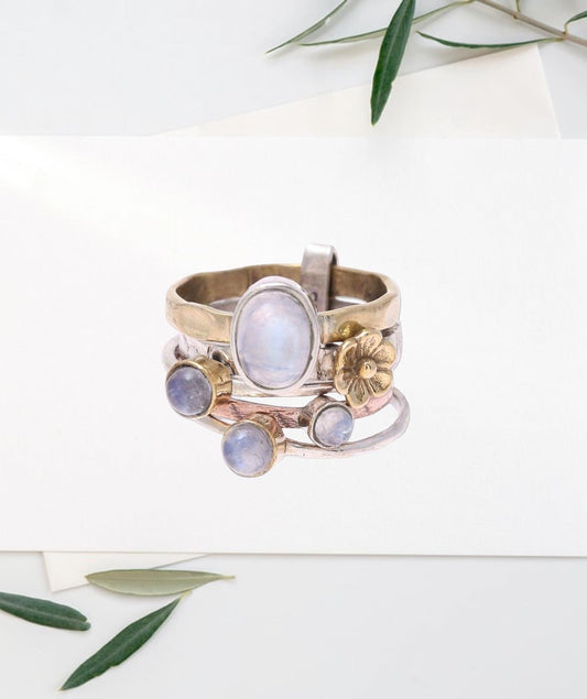 Rainbow Moonstone .925 Sterling Silver Ring, Rain Flowers'