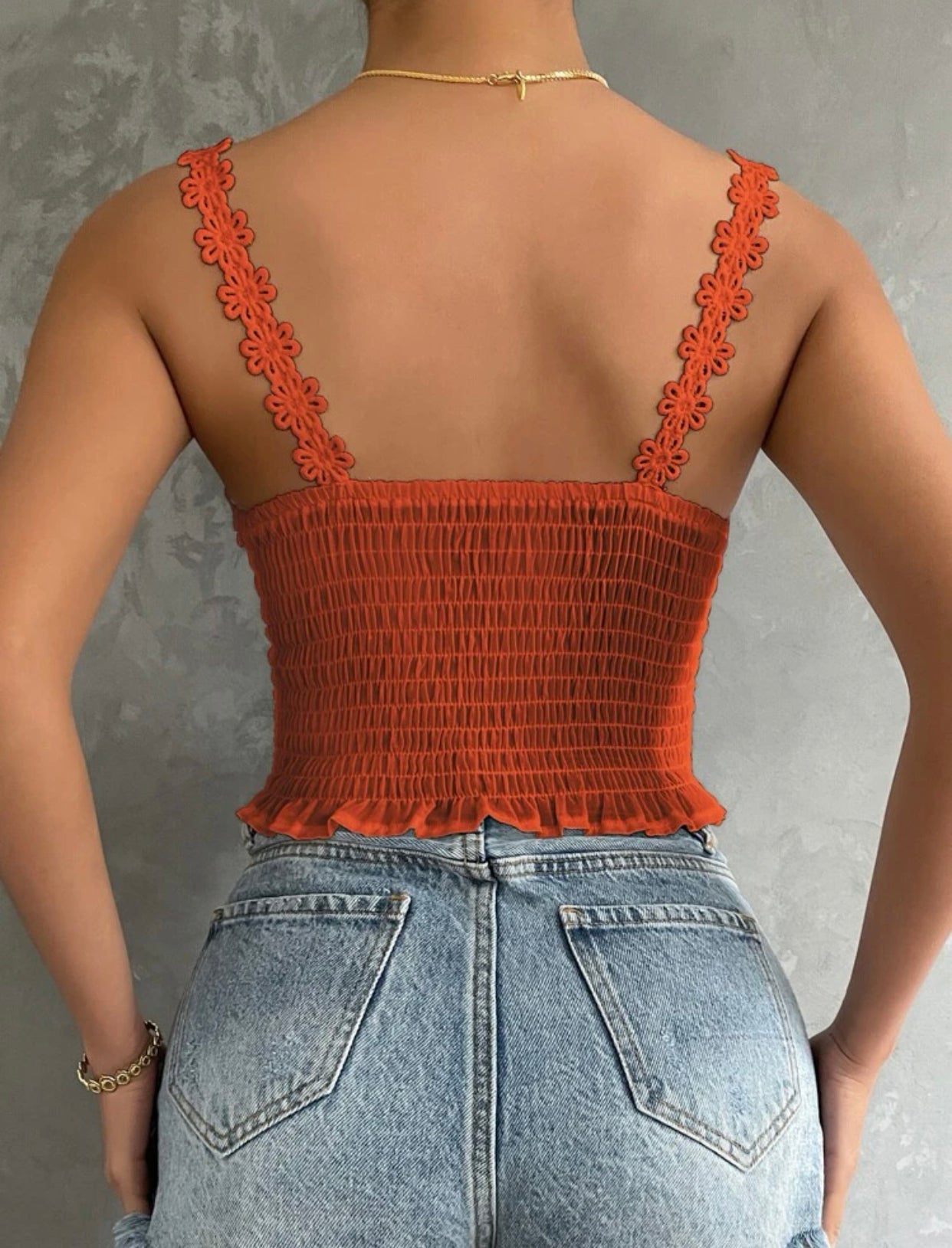 Rust brown Floral appliqués eyelet embroidered frill trim shirred back cami top
