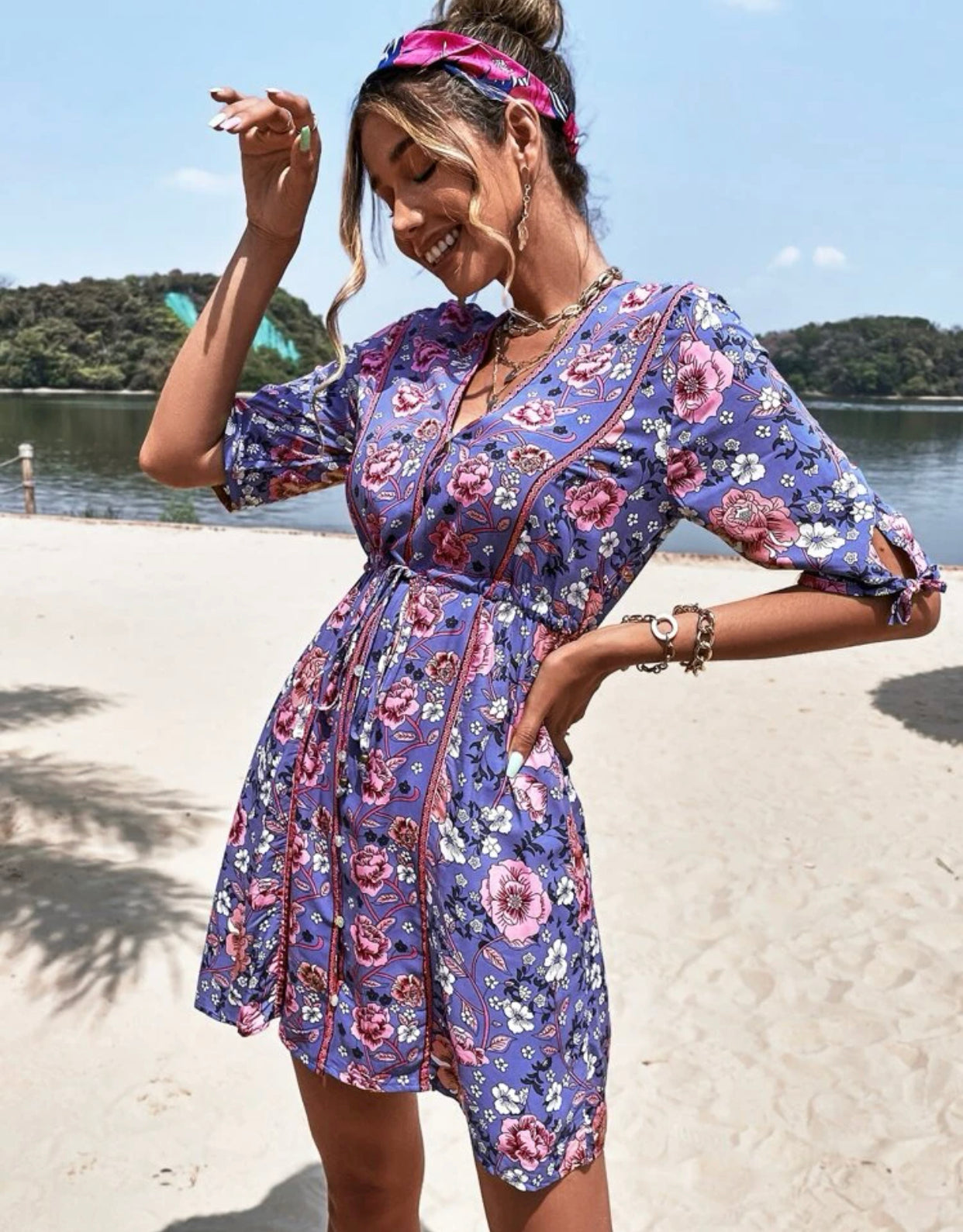 Floral print knot cuff drawstring waist A-line dress