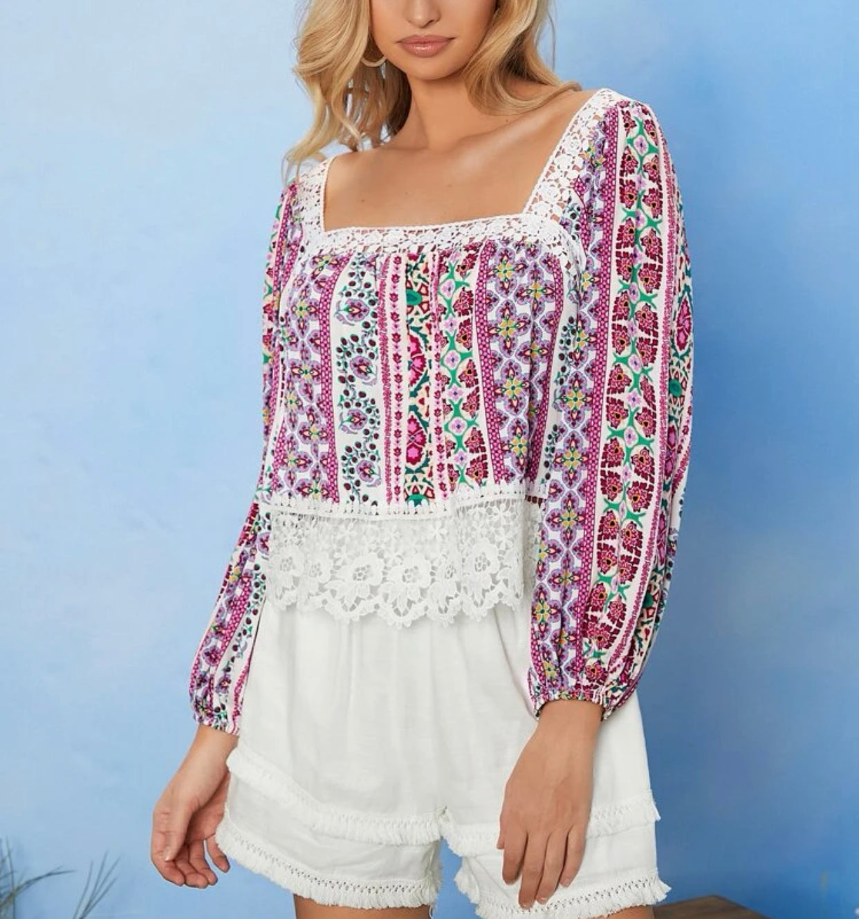 Lantern sleeve guipure lace trim floral print top