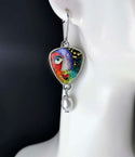 Colorful abstract design face with pearl decor dangle earrings
