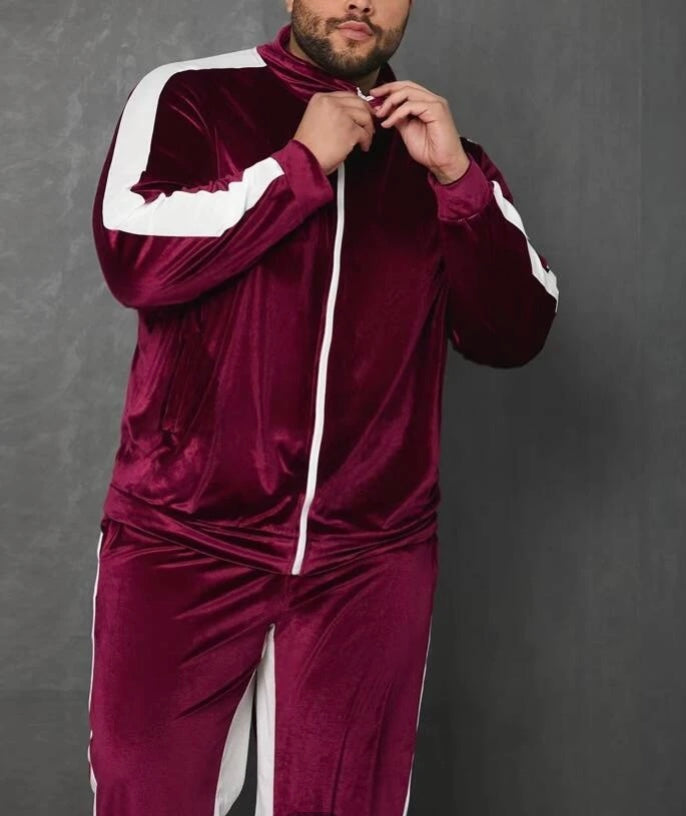Extended Sizes Men Side Striped Zip Up Velvet Sweatshirt $ Pants