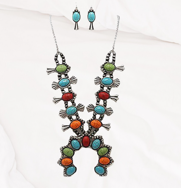 Women's Statement Western multicolor squash blossom necklace and earring set