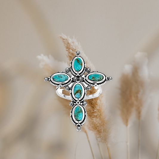 Turquoise inspired cross statement ring. Size 8.