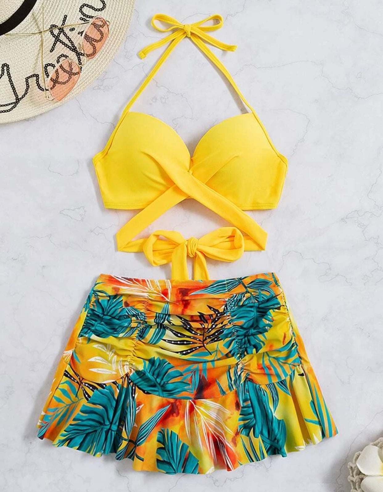 Plant print wrap halter skort bikini swimsuit