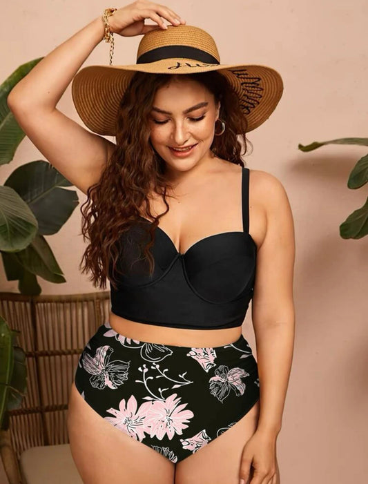 Plus Floral Push Up High Waisted Bikini Swimsuit