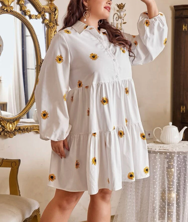 Curve & plus floral print lantern sleeve ruffle hem smock dress