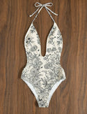 Floral print plunging one piece swimsuit