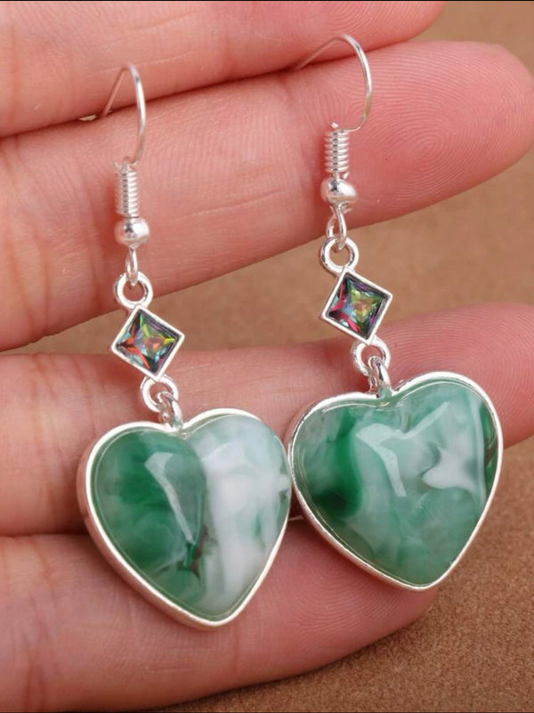Teal colored heart drop earrings