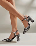 Snakeskin embossed point toe chunky heel ankle strap pumps