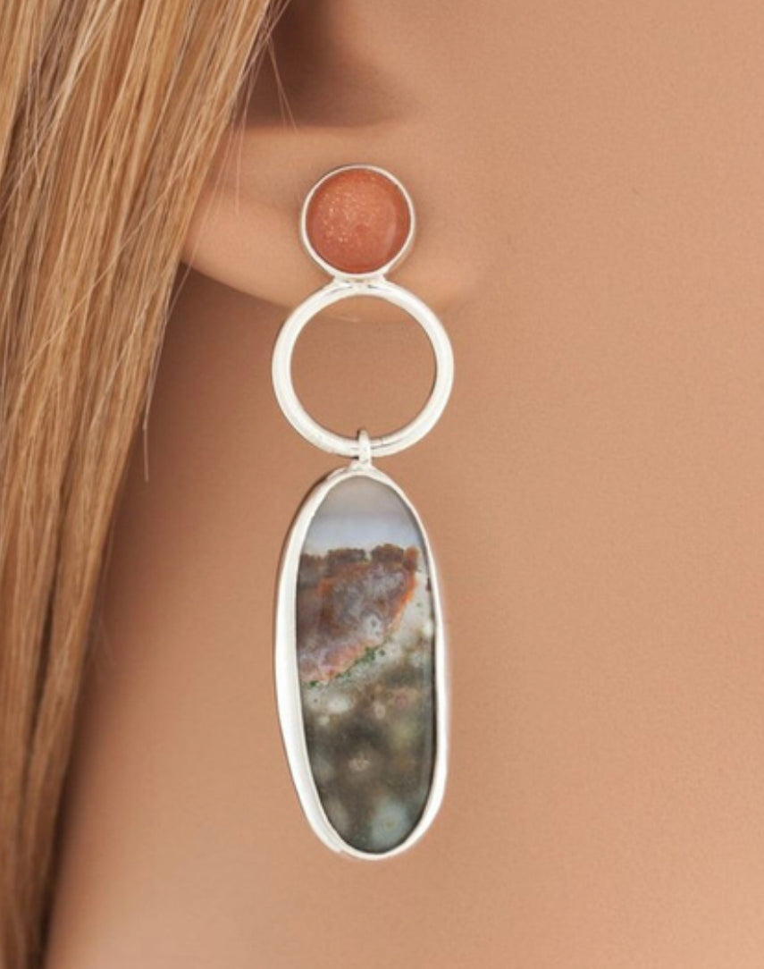 Unique vintage style silver ocean jasper and sunstone dangle earrings. - Christina’s unique boutique LLC