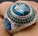 Men's Religious Arabic Big Blue Stone Rings Turkish Middle East Jewelry Silver Color Filled Green Rhinestone Rings