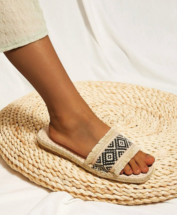 Geo graphic fringe detail slide sandals