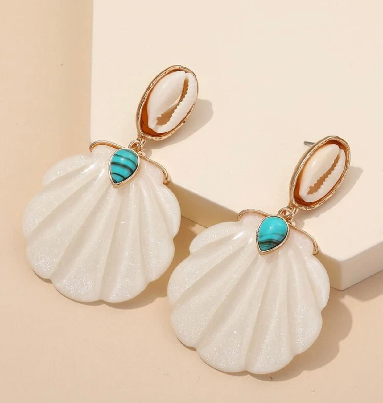 Shell decor turquoise and cream colored dangle earrings - Christina’s unique boutique LLC