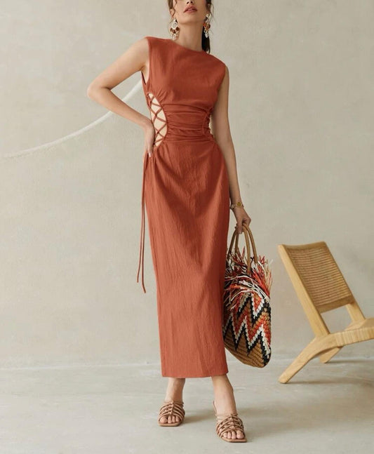 Lace up waist split back dress