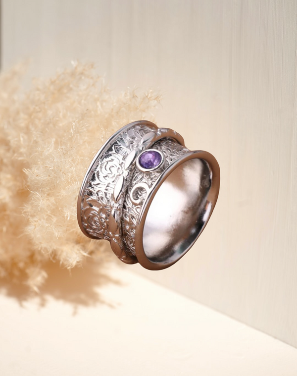 Purple stone decor wide engraved ring. Size 8.