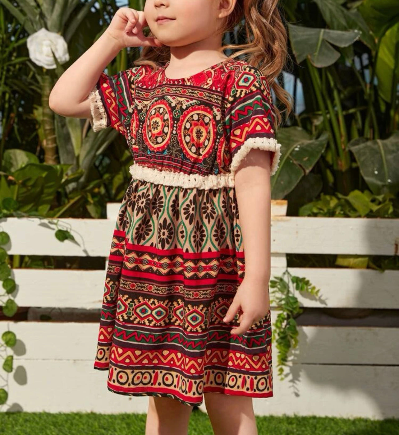 Toddler Girls Geo Print Contrast Trim Dress