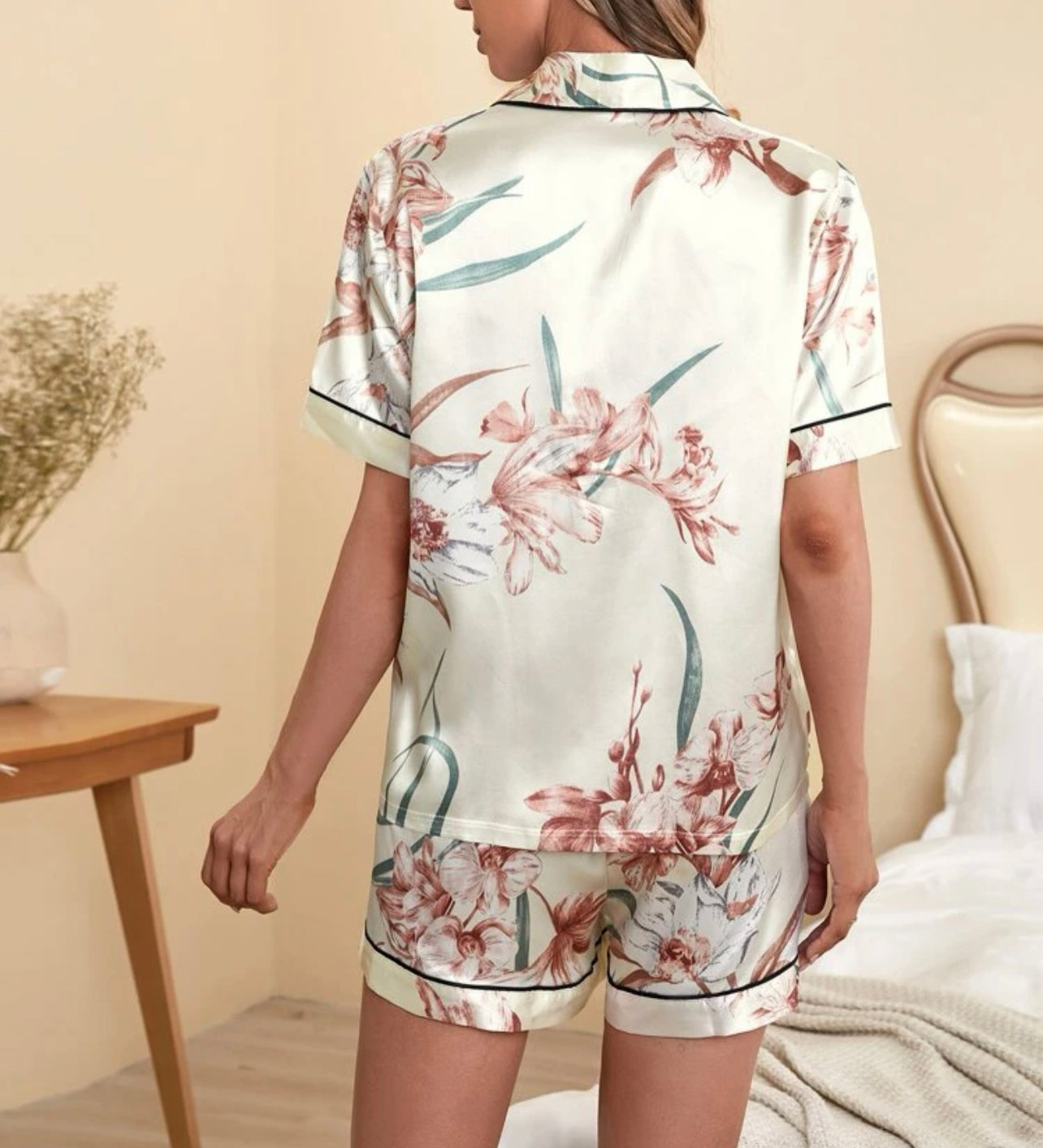 Maternity Floral Print Contrast Piping Satin PJ Set