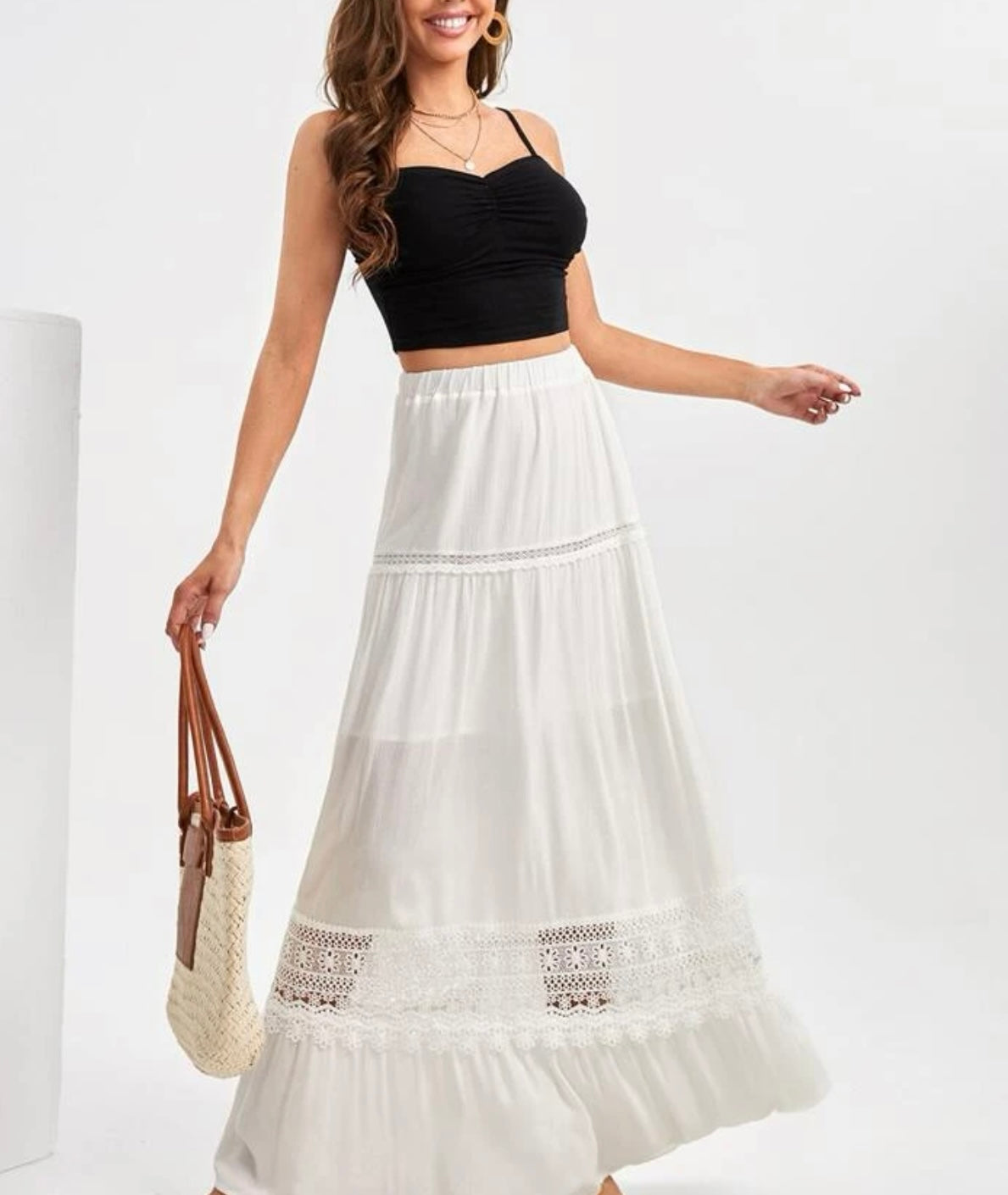 Tall high waist guipure lace insert ruffle hem skirt