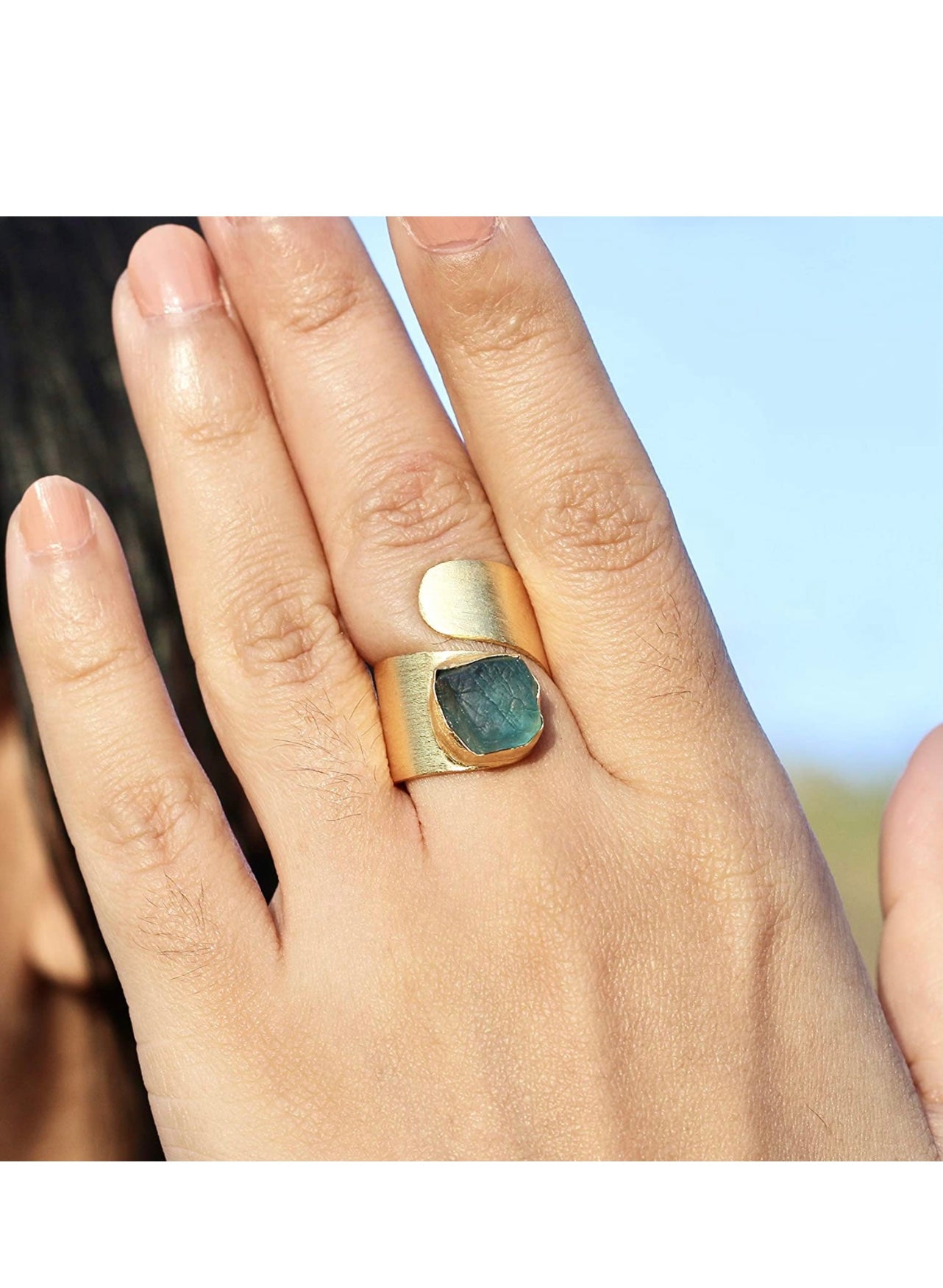 Handmade Adjustable Raw Gemstone Ring 18K Gold Plated Birthstone Hypoallergenic Jewelry (fluorite)