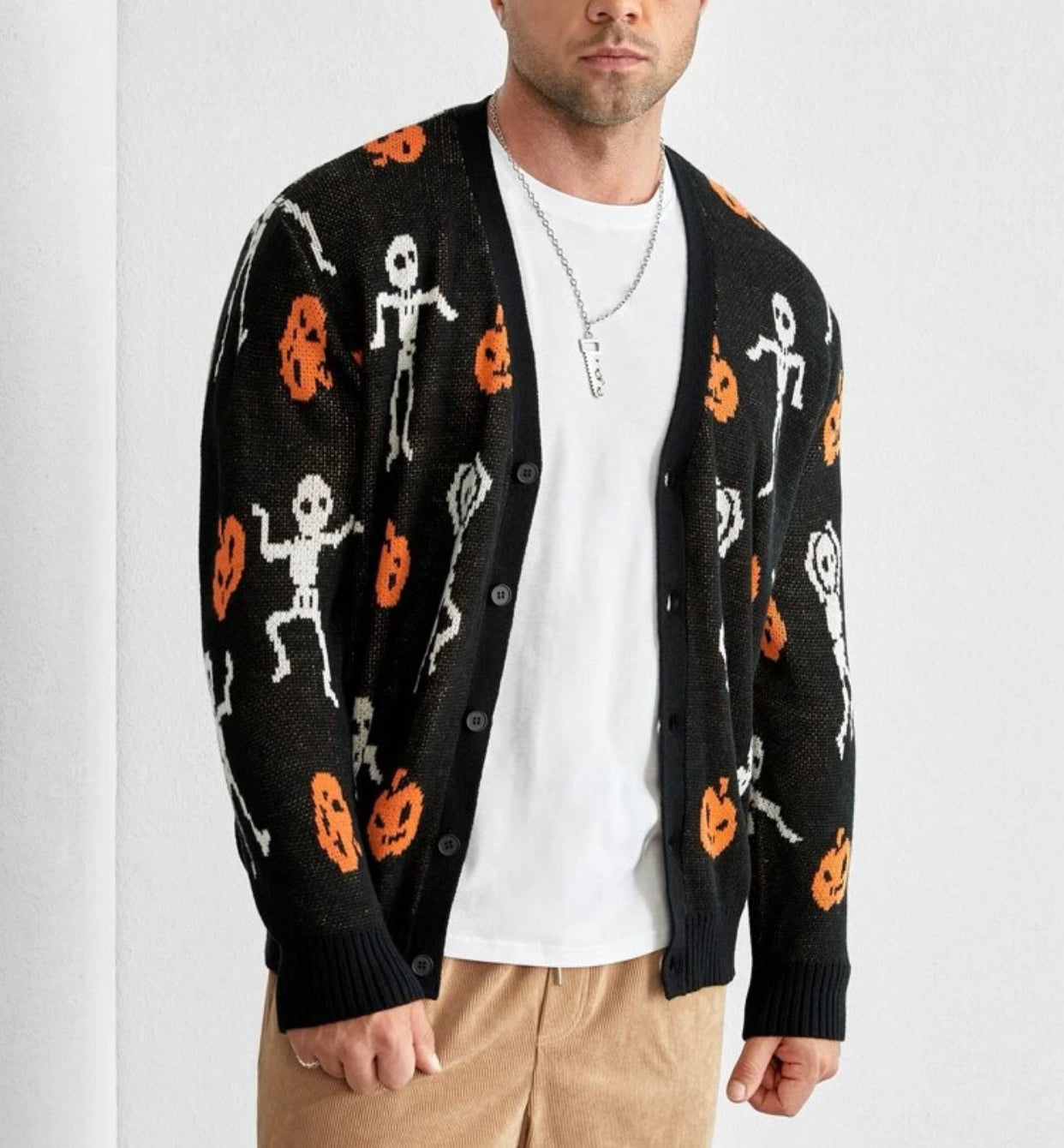 Men’s extended size Halloween Pumpkin & Skeleton Pattern Cardigan