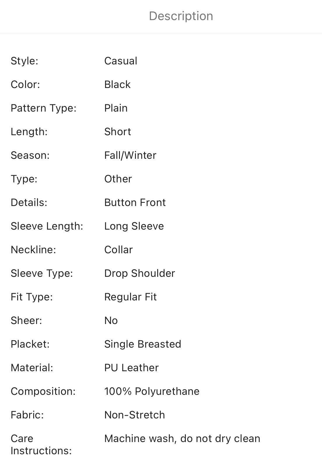 Button front drop shoulder PU leather coat