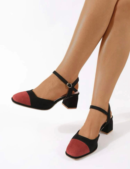 Chunky heeled suede ankle strap pumps