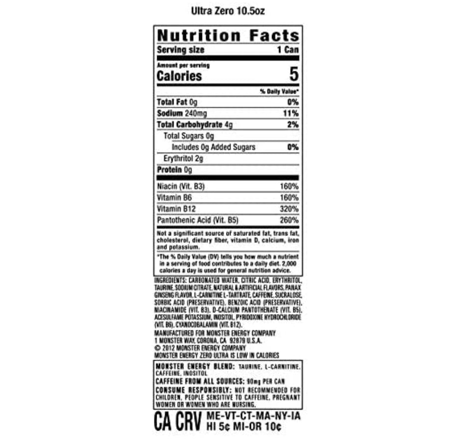Monster Energy Zero Ultra, Sugar Free Energy Drink, 10.5 Ounce (Pack of 12)