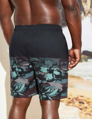 Extended sizes men floral and camo print drawstring waist swim trunks