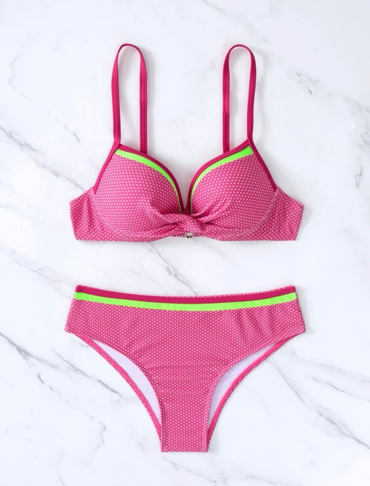 Polka Dot Print Contrast Binding Push Up Bikini Swimsuit