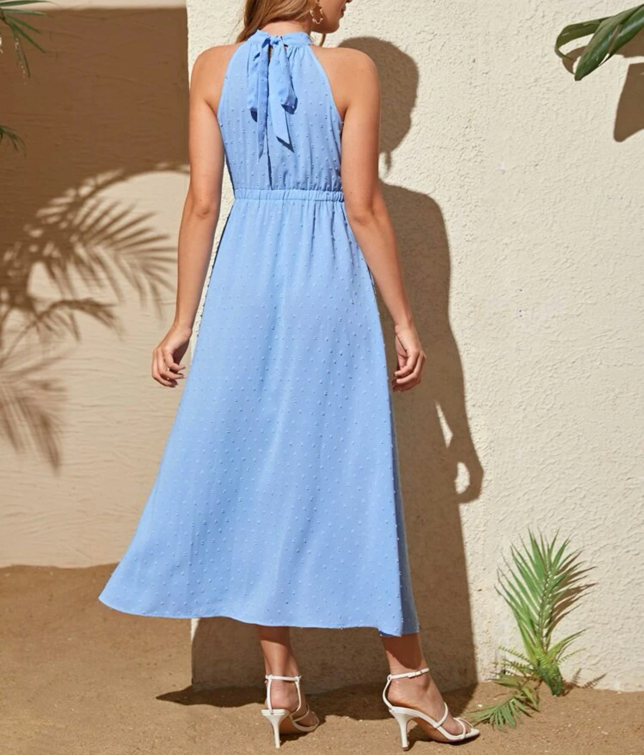 Maternity swiss dot tie back split thigh dress