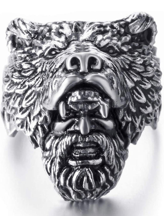Stainless Steel Rings for Men Viking Bear Man Warrior Silver Black Titanium Biker Ring Charm Jewelry