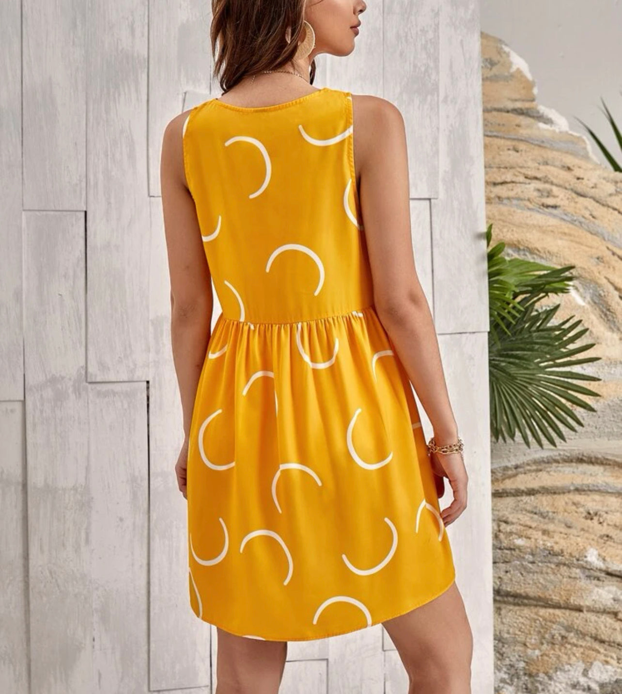 Graphic Print V Neck Smock Dress